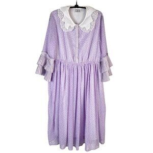 Purple Polka Dot Dress Large Pastel Lace Collar Accordion Sleeve Lolita Coquette